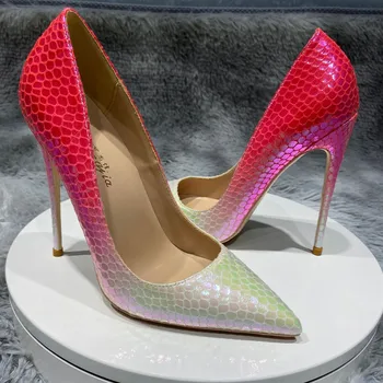Ücretsiz kargo moda kadın pompaları pembe yılan python noktası toe yüksek topuklar ayakkabı 12 cm parti ayakkabı