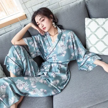 Asil Lüks Buz Ipek Pijama Kimono Gevşek Ev Takım Elbise Sonbahar Ince V Yaka Baskı Pijama Saten Loungewear Kadın Ev Giysileri