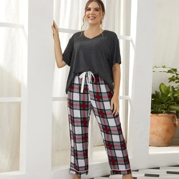 Plus Kadın Gri Gömlek Ekose Ev Uygun Nightwear Setleri İçin Pijama Boyutu Pantolon İle Kadın Kıyafetler Kadın Tulum Yaz Elbise