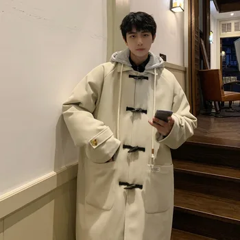 Kış Kalın Yün Ceket Erkekler Sıcak Moda Boy Uzun Yün Ceket Kore Gevşek Kalınlaşmak Kapşonlu Trençkot Erkek Palto M-5XL