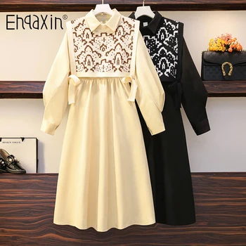 EHQAXIN Sonbahar Kış Bayan Elbise Takım Elbise Gevşek Jakarlı Dantel-Up Örme Yelek Üst + Retro Düğme Elbise 2 Parça Set L-4XL