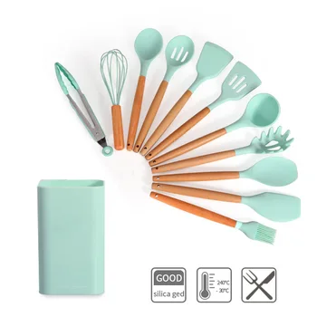 Ahşap Saplı Silikon Spatula 11 Takım Mutfak Kare Depolama Kovası Mutfak Mutfak yapışmaz Tava mutfak gereçleri