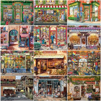 Elmas Boyama 5D Manzara Nakış Dükkanı Çapraz Dikiş Kitleri Mozaik Kasaba Dekor Tam DIY El Sanatları duvar çıkartmaları