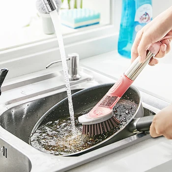 2022 Paslanmaz Çelik Kafa Temizleme Fırçası 3 in 1 Çıkarılabilir Fırça Kafa Sabunluk Fırçaları Uzun El Pot Bulaşık Temizleme Aracı