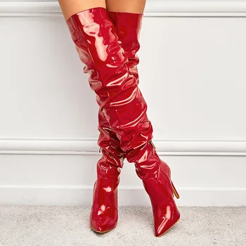 Artı Boyutu 35-42 Modern Çizmeler Kadın Kulübü Ayakkabı Sivri Burun 11 cm Topuklu Patent Deri Over-the-Diz Çizmeler Seksi Yüksek Çizmeler