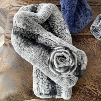 Gerçek Rex Tavşan Kürk Eşarp Kadınlar Kış Kürklü Sıcak Eşarp Kabarık Sıcak Yumuşak Yaka Çiçek Kız Hediye için